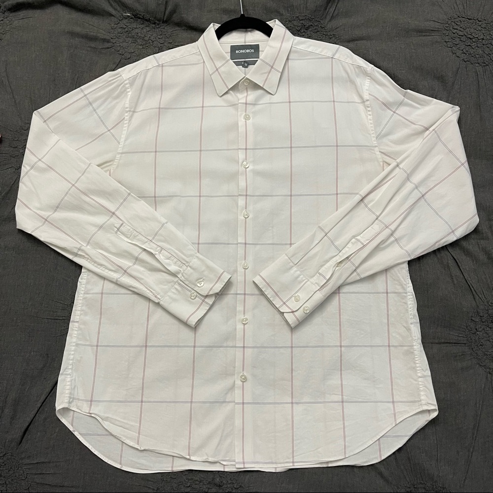 Bonobos XL Slim “Unbutton Down” White/Red/Grey Windowpane Shirt